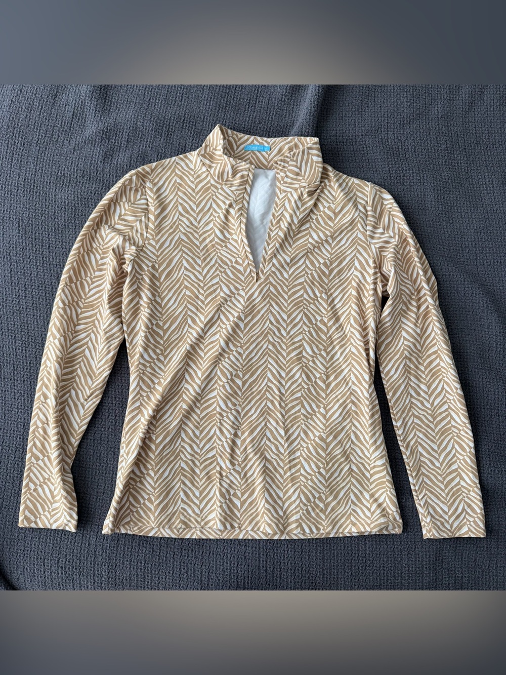 J. McLaughlin Bedford Top M Catalina Cloth Quarter Zip Tan Beige Zebra Print